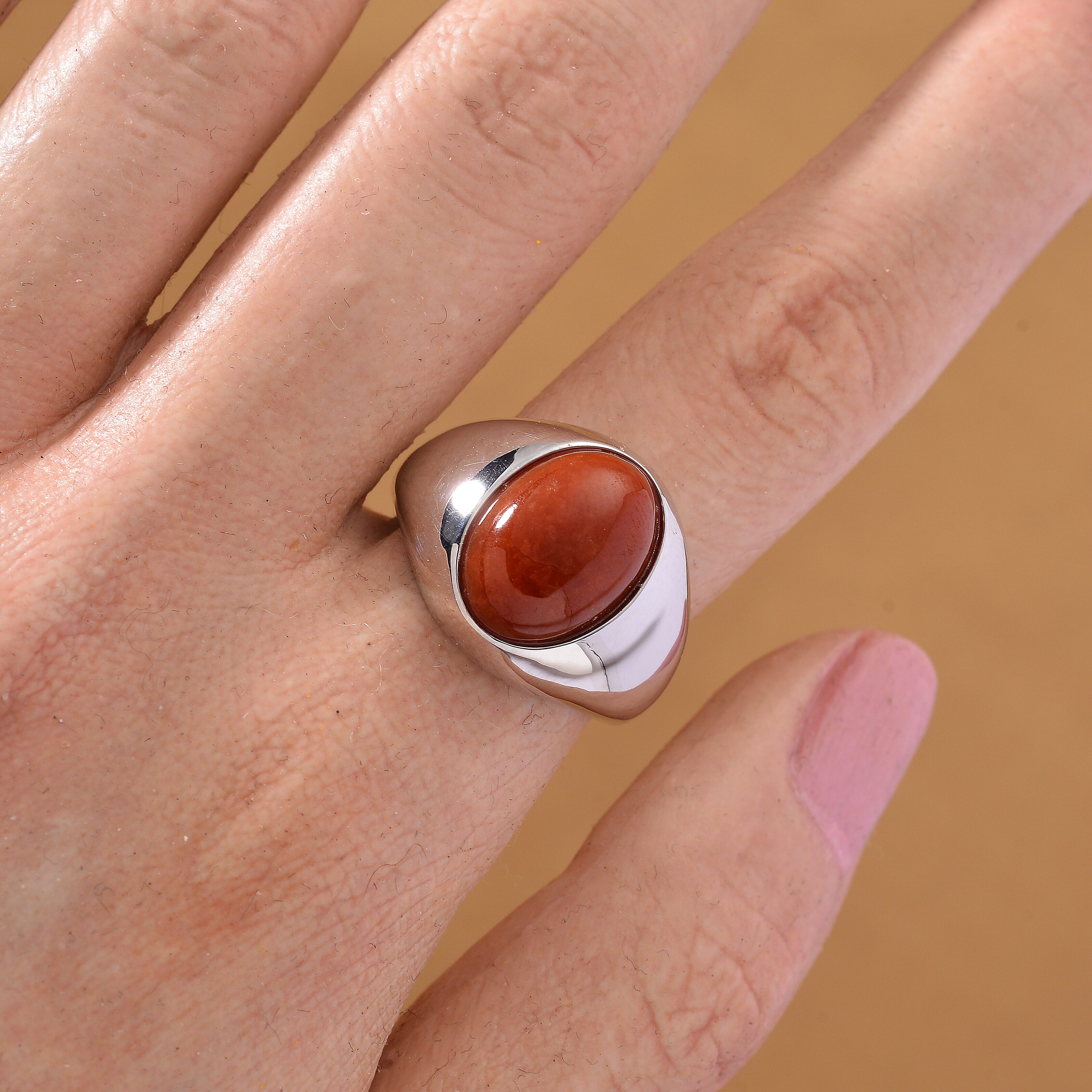 D'Joy Enhanced Red Jade Solitaire Ring in Rhodium Overlay Sterling Silver 6.84 Ct, Silver Wt. 5.20 Gms.