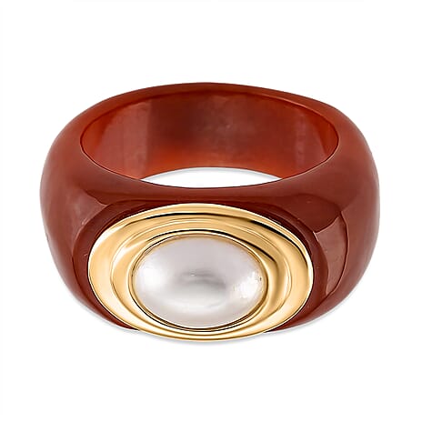 D'Joy White Mabe Pearl & Enhanced Red Jade Ring in Rhodium Overlay Sterling Silver 35.49 Ct.