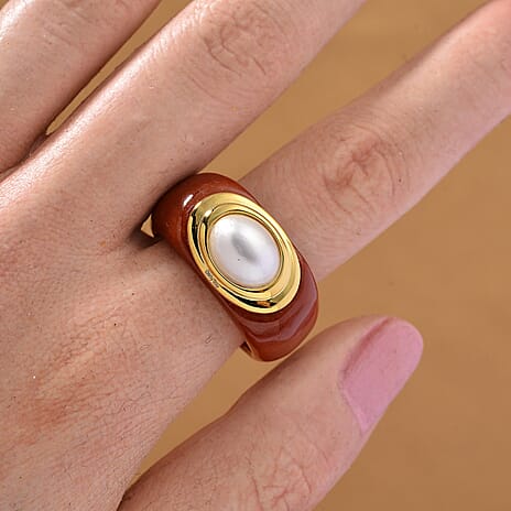 D'Joy White Mabe Pearl & Enhanced Red Jade Ring in Rhodium Overlay Sterling Silver 35.49 Ct.