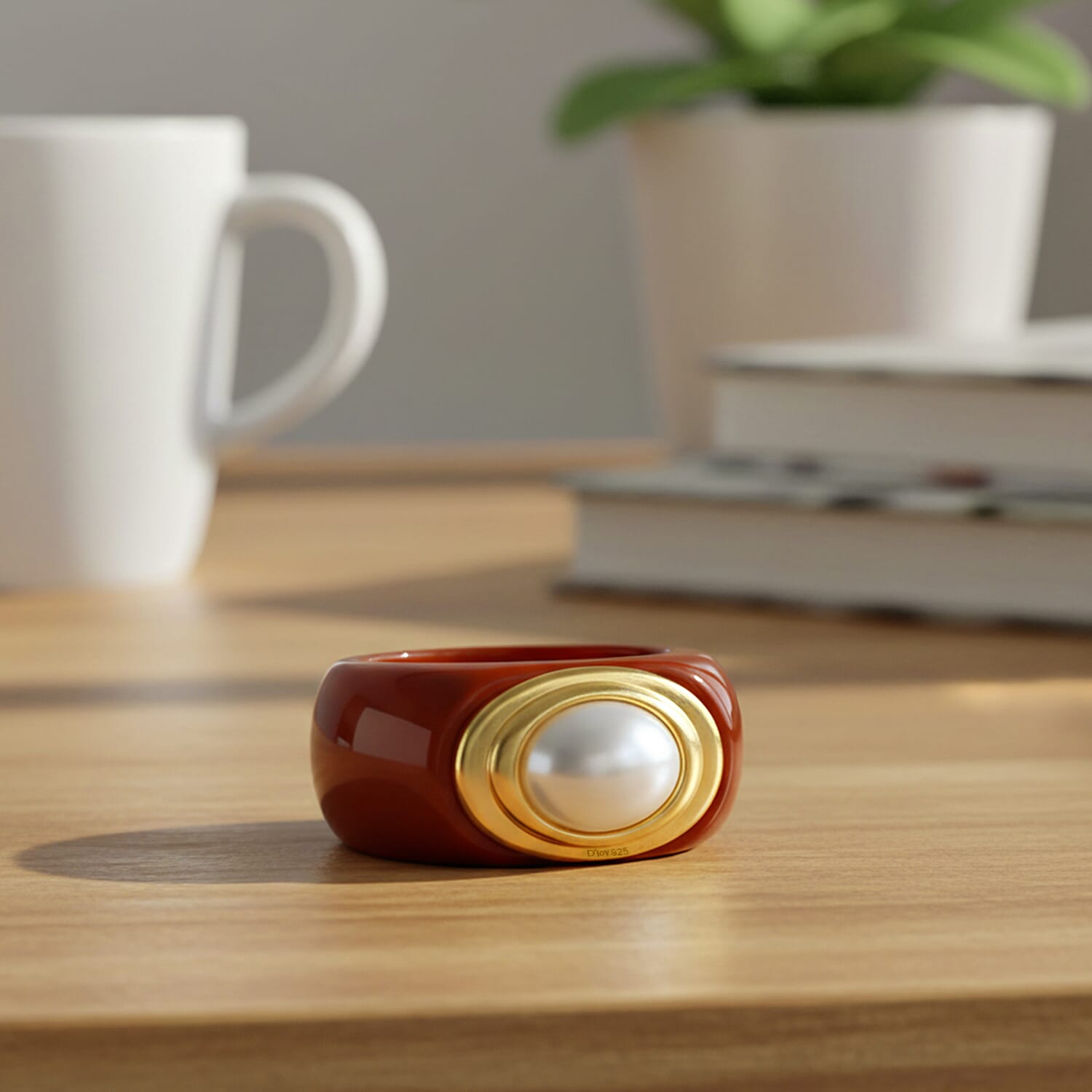 D'Joy White Mabe Pearl & Enhanced Red Jade Ring in Rhodium Overlay Sterling Silver 35.49 Ct.