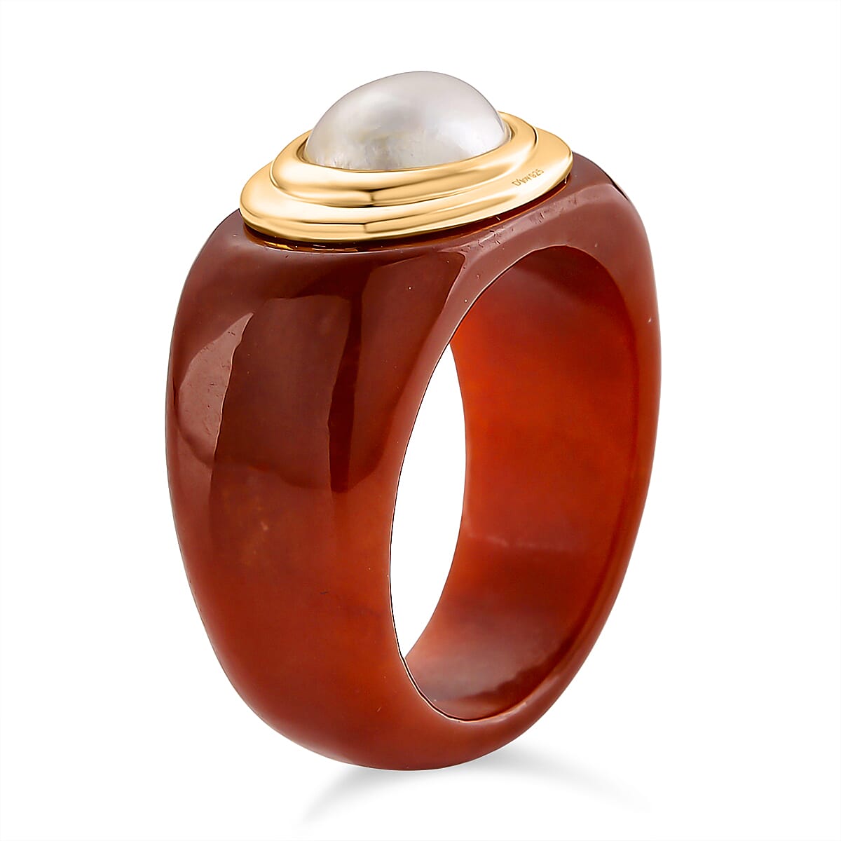 D'Joy White Mabe Pearl & Enhanced Red Jade Ring in Rhodium Overlay Sterling Silver 35.49 Ct.