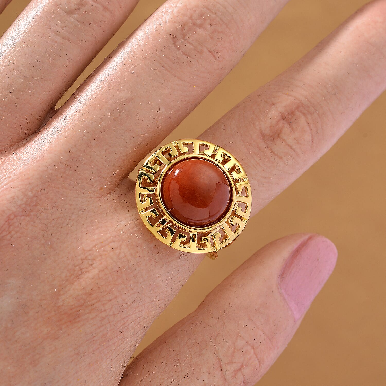 D'Joy Enhanced Red Jade Solitaire Ring in Yellow Gold Plated Sterling Silver 7.23 Ct.