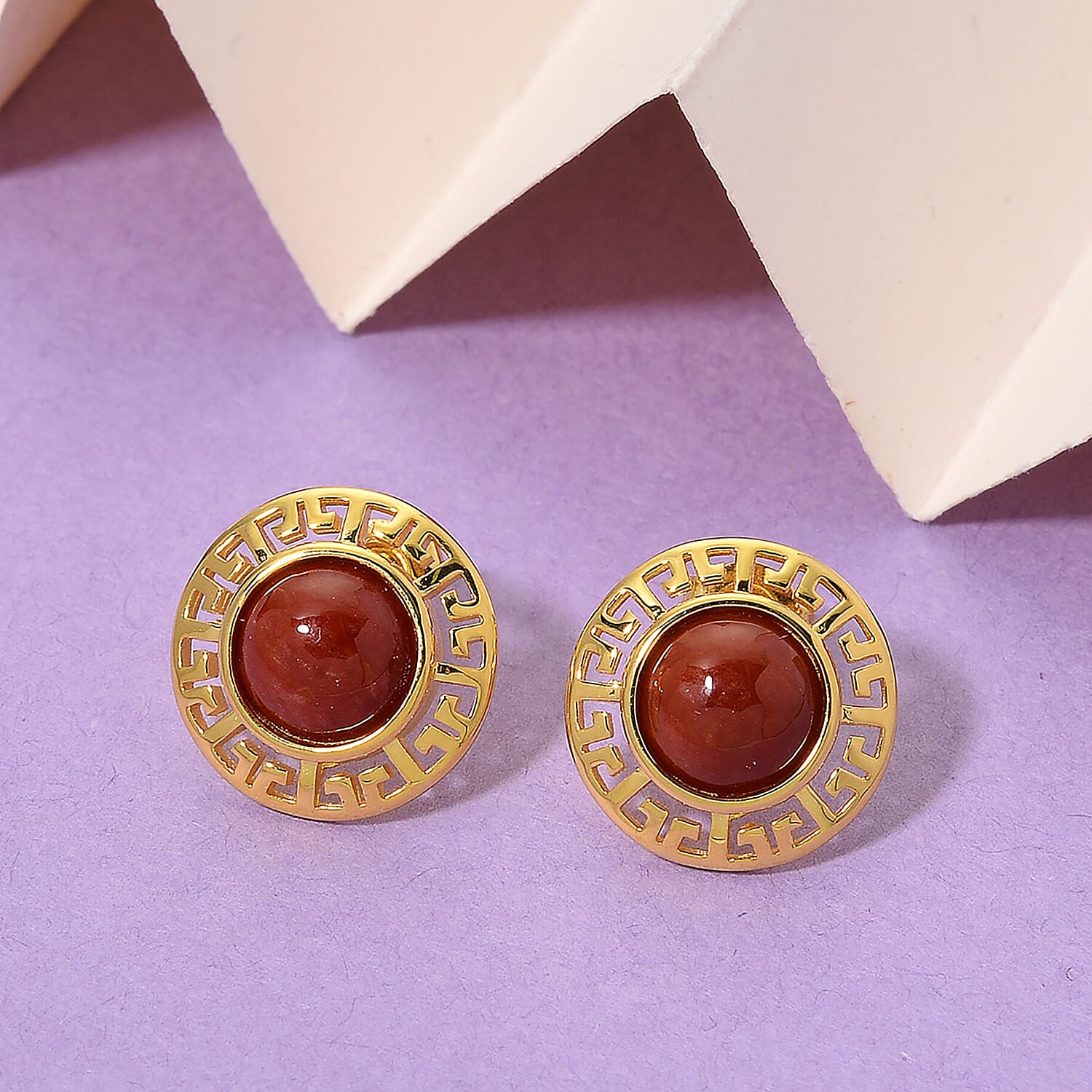 D'Joy Enhanced Red Jade Solitaire Stud Push Post Earring in Yellow Gold Plated Sterling Silver 5.00 Ct.