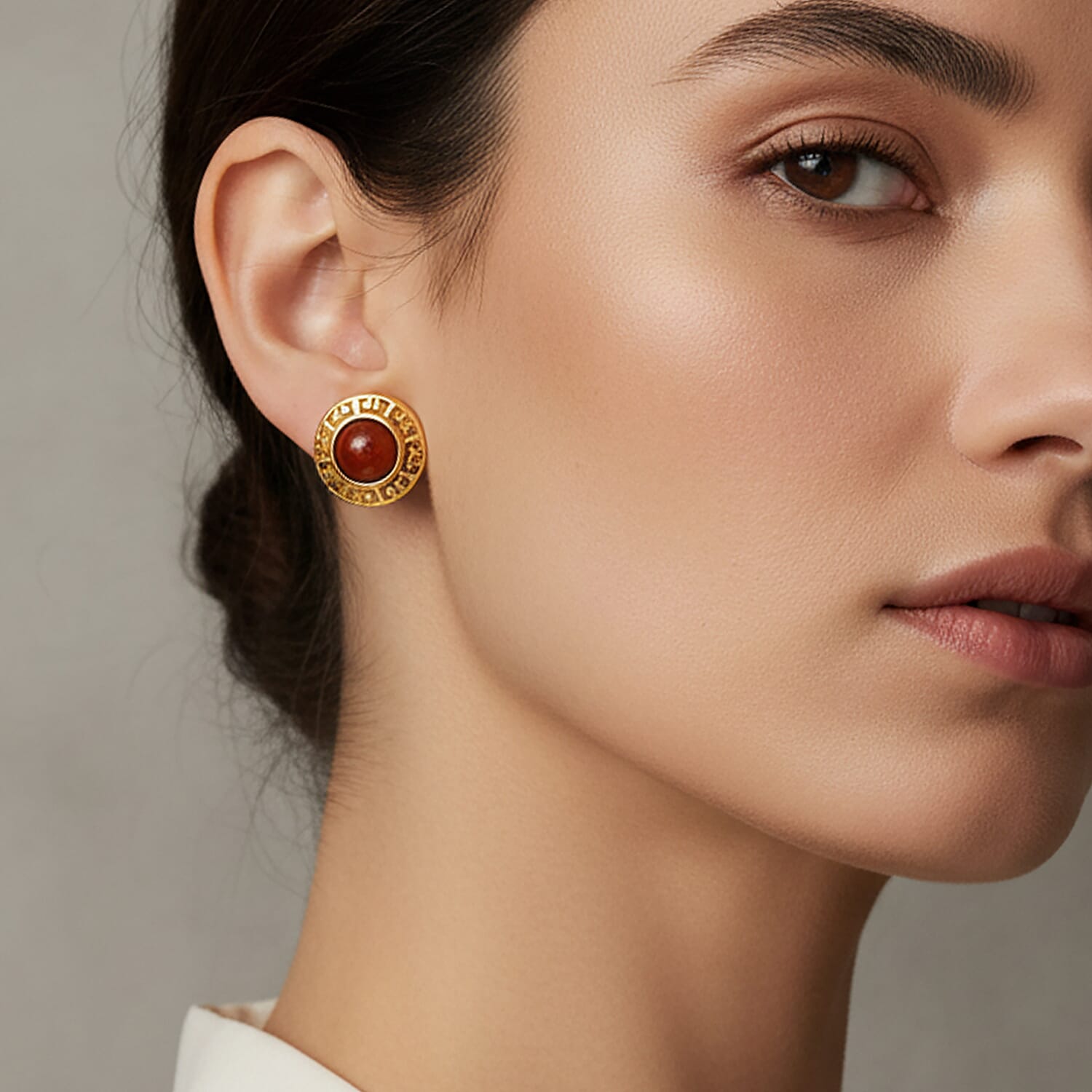 D'Joy Enhanced Red Jade Solitaire Stud Push Post Earring in Yellow Gold Plated Sterling Silver 5.00 Ct.