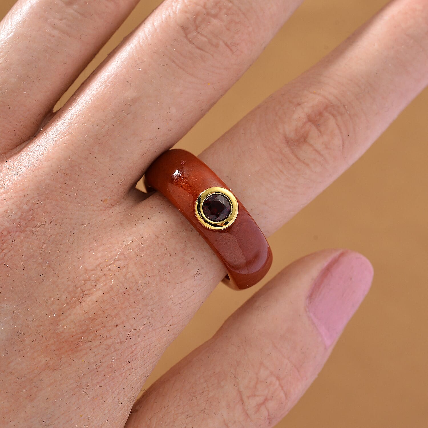 D'Joy Enhanced Red Jade & Red Garnet Ring in Yellow Gold Plated Sterling Silver 23.37 Ct.