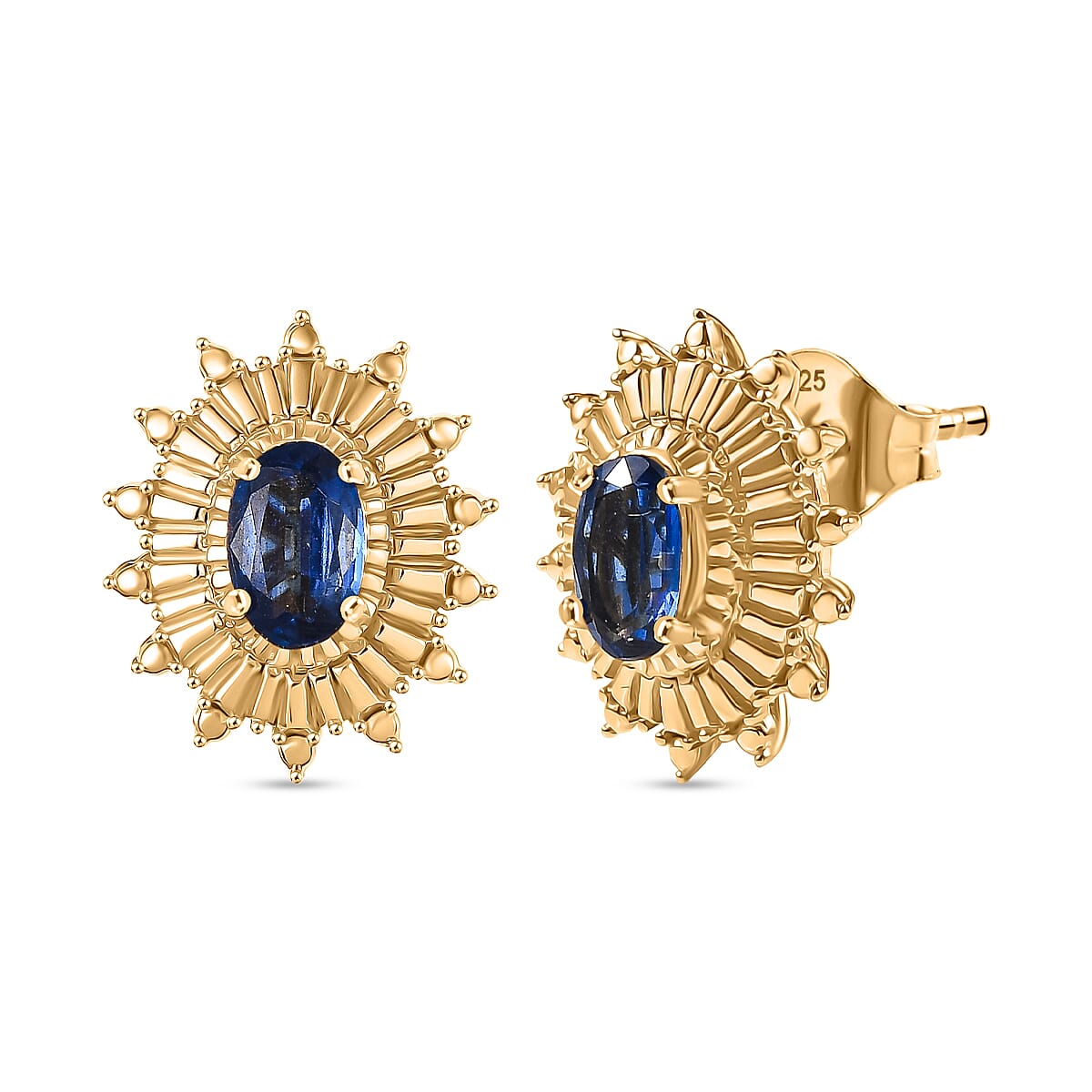 Natural Kashmir Kyanite Solitaire Stud Push Post Earring in Yellow Gold Plated Sterling Silver 1.16 Ct.