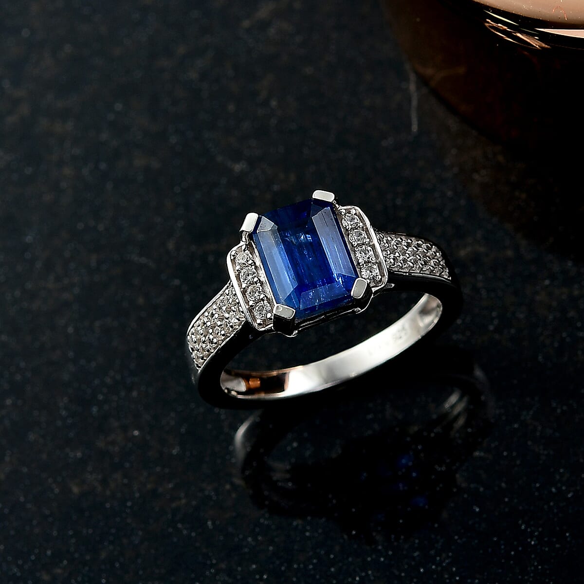Natural Kashmir Kyanite & White Zircon Ring in Rhodium Overlay Sterling Silver 2.23 Ct.