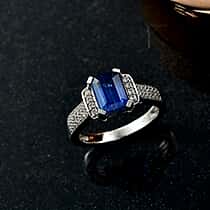 Natural Kashmir Kyanite & White Zircon Ring in Rhodium Overlay Sterling Silver 2.23 Ct.