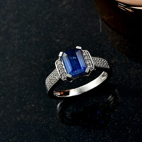 Natural Kashmir Kyanite & White Zircon Ring in Rhodium Overlay Sterling Silver 2.23 Ct.