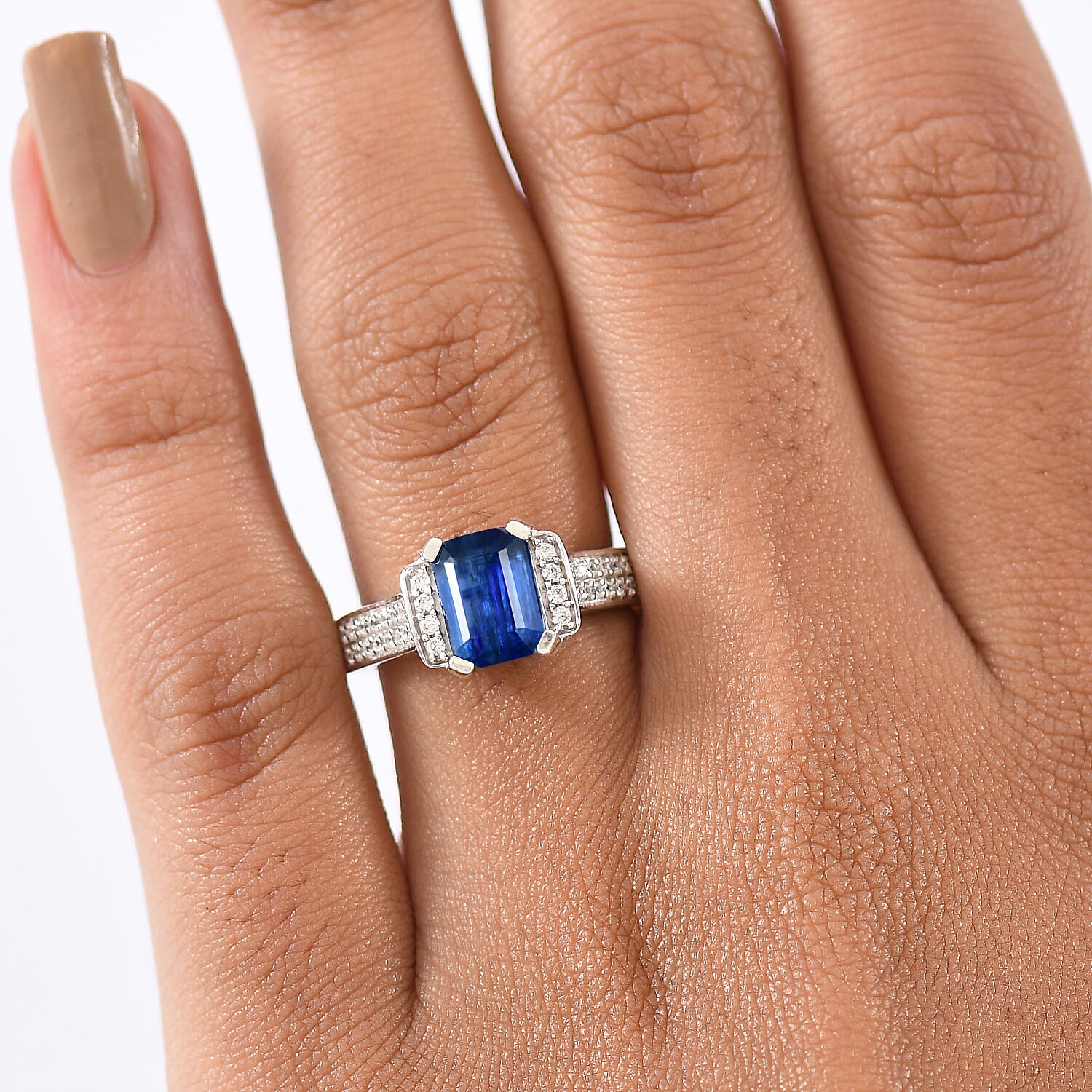 Natural Kashmir Kyanite & White Zircon Ring in Rhodium Overlay Sterling Silver 2.23 Ct.
