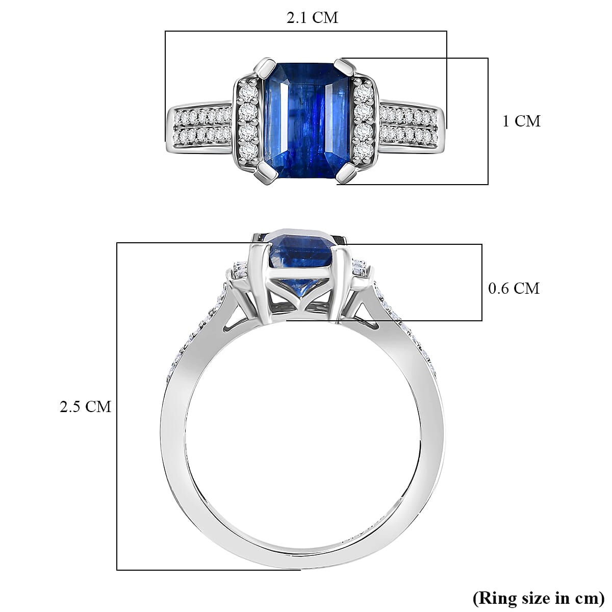 Natural Kashmir Kyanite & White Zircon Ring in Rhodium Overlay Sterling Silver 2.23 Ct.