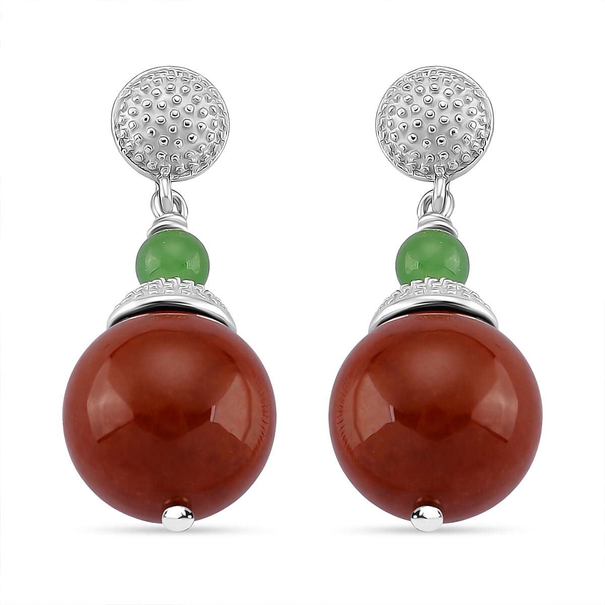 D'Joy Enhanced Red Jade & Dyed Green Jade Earring with Push Back in Rhodium Overlay Sterling Silver 32.24 Ct.