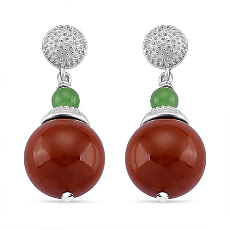 D'Joy Enhanced Red Jade & Dyed Green Jade Earring with Push Back in Rhodium Overlay Sterling Silver 32.24 Ct.
