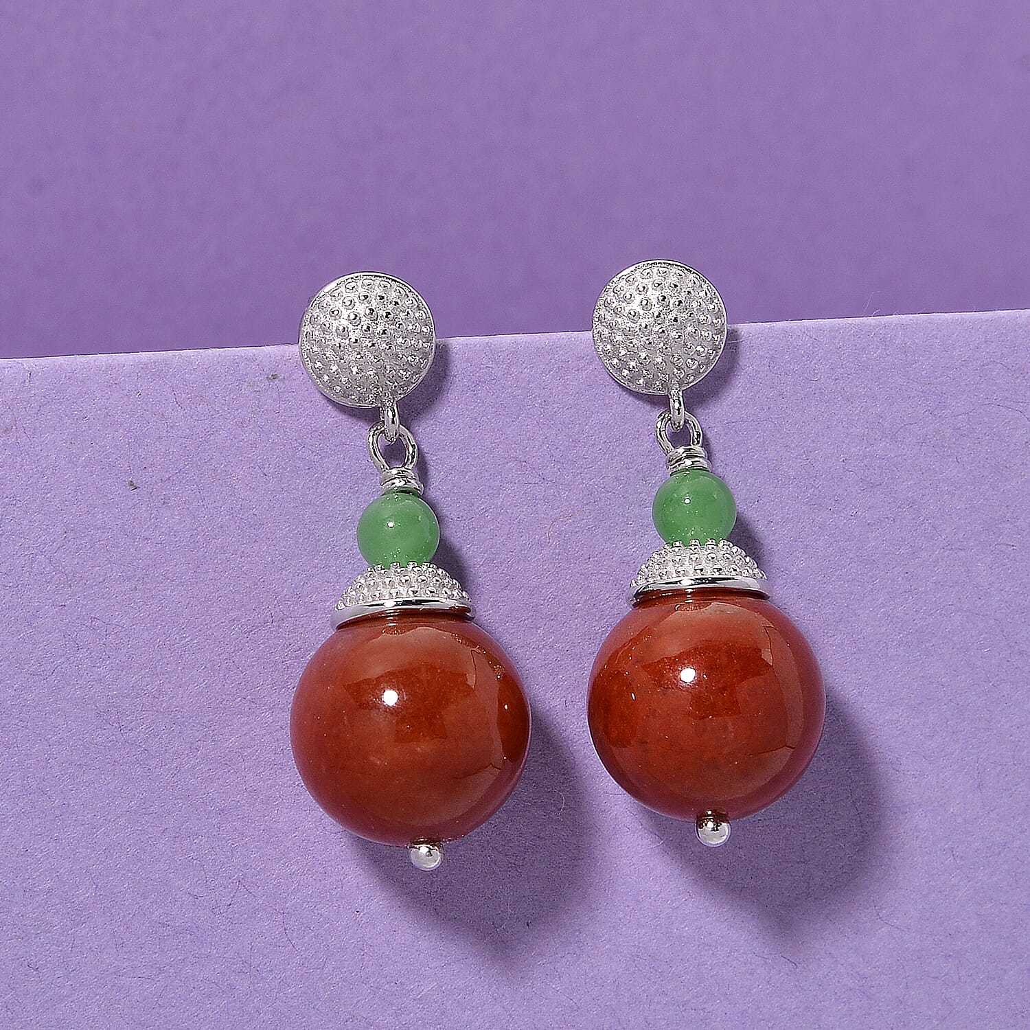 D'Joy Enhanced Red Jade & Dyed Green Jade Earring with Push Back in Rhodium Overlay Sterling Silver 32.24 Ct.