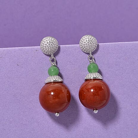 D'Joy Enhanced Red Jade & Green Jade Earring with Push Back in Rhodium Overlay Sterling Silver 32.24 Ct.