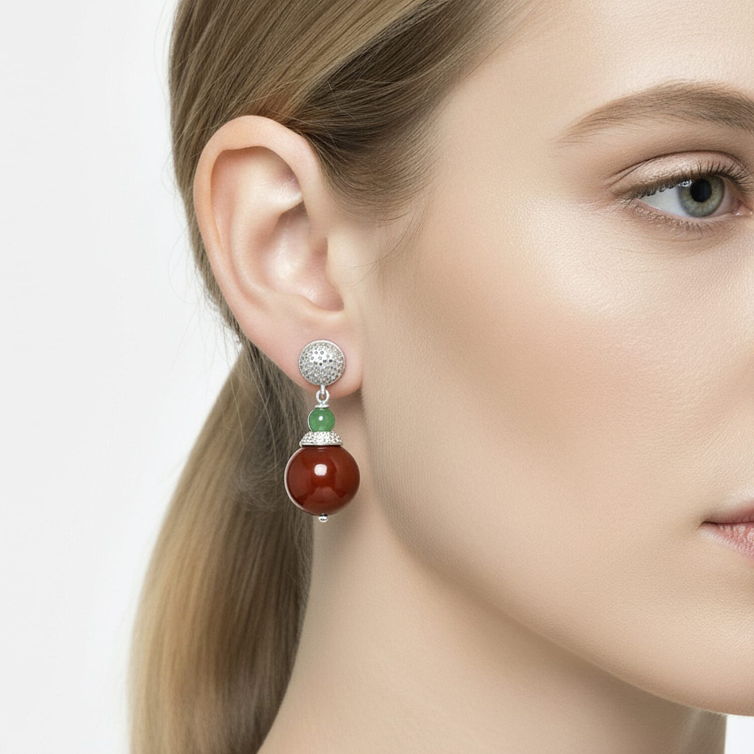 D'Joy Enhanced Red Jade & Dyed Green Jade Earring with Push Back in Rhodium Overlay Sterling Silver 32.24 Ct.