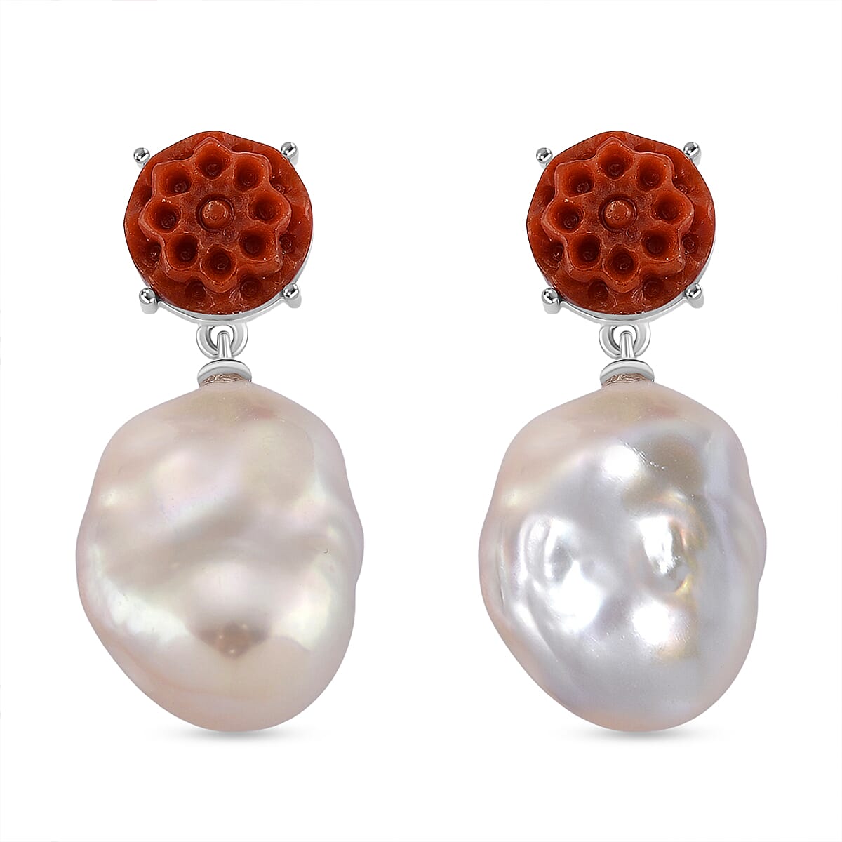 D'Joy Enhanced Red Jade & White Baroque Pearl Earring with Push Back in Rhodium Overlay Sterling Silver 92.23 Ct.