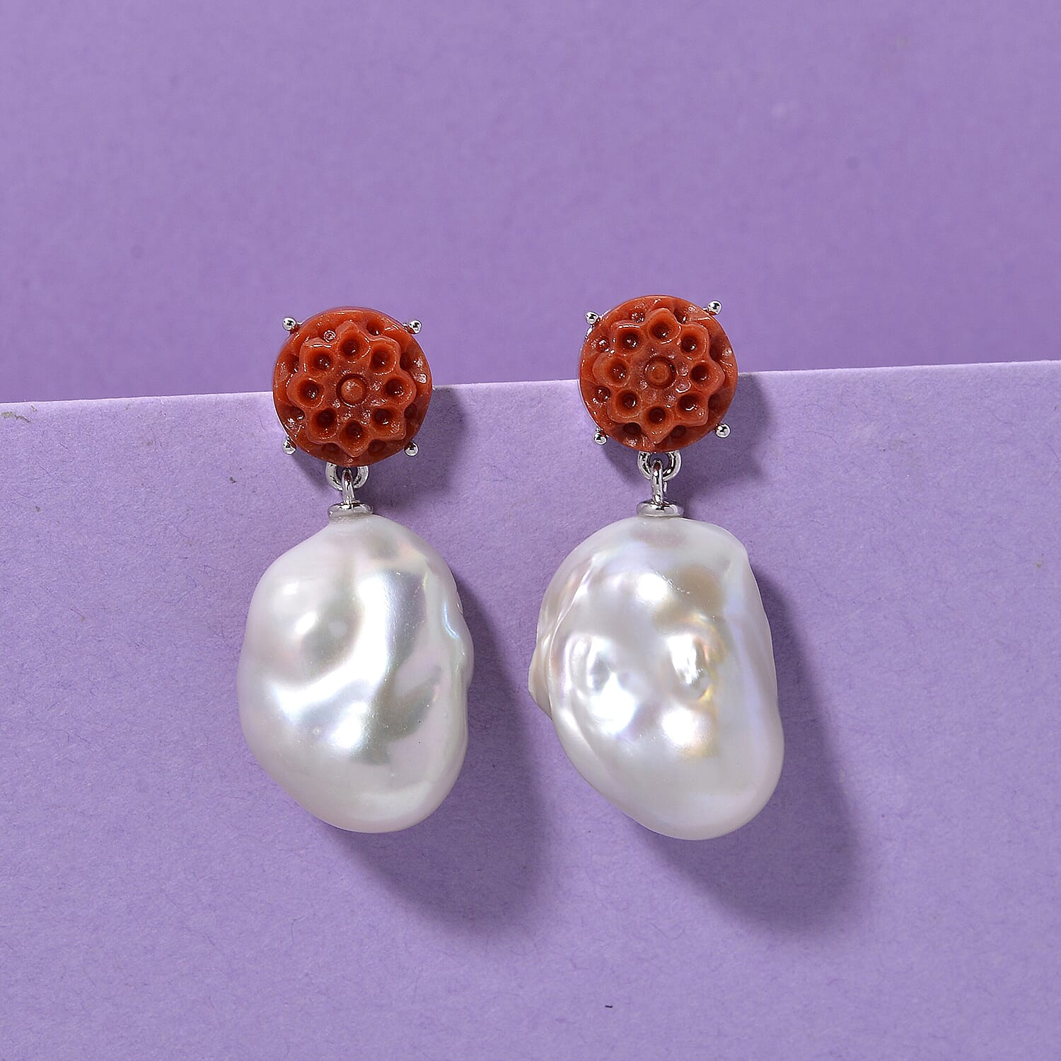 D'Joy Enhanced Red Jade & White Baroque Pearl Earring with Push Back in Rhodium Overlay Sterling Silver 92.23 Ct.