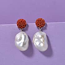 D'Joy Enhanced Red Jade & White Baroque Pearl Earring with Push Back in Rhodium Overlay Sterling Silver 92.23 Ct.