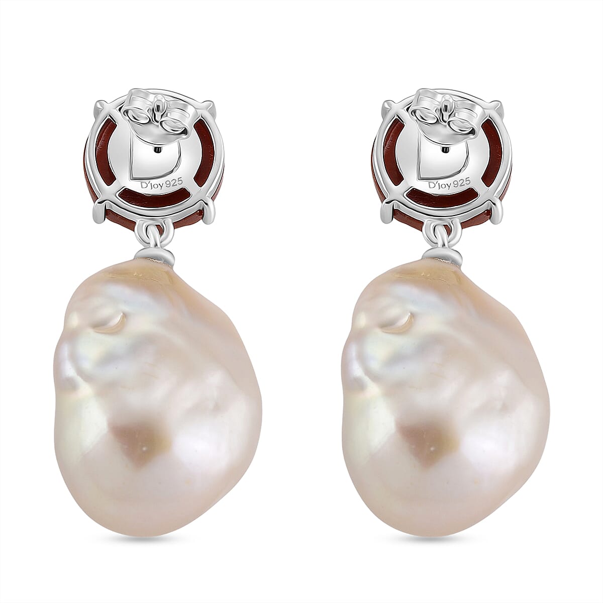 D'Joy Enhanced Red Jade & White Baroque Pearl Earring with Push Back in Rhodium Overlay Sterling Silver 92.23 Ct.