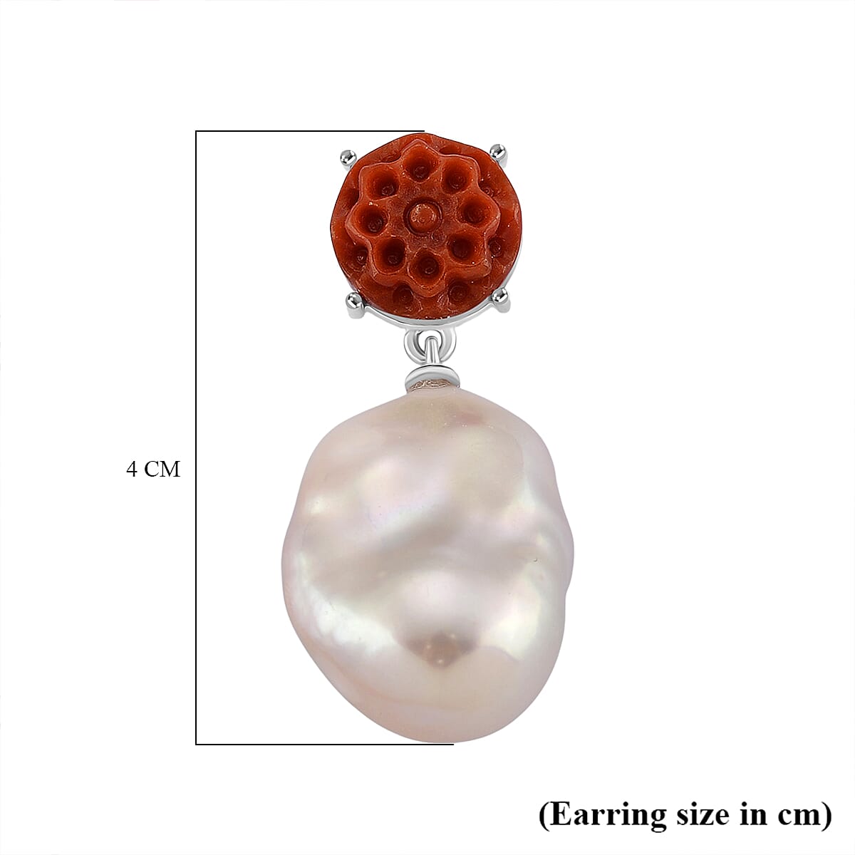 D'Joy Enhanced Red Jade & White Baroque Pearl Earring with Push Back in Rhodium Overlay Sterling Silver 92.23 Ct.