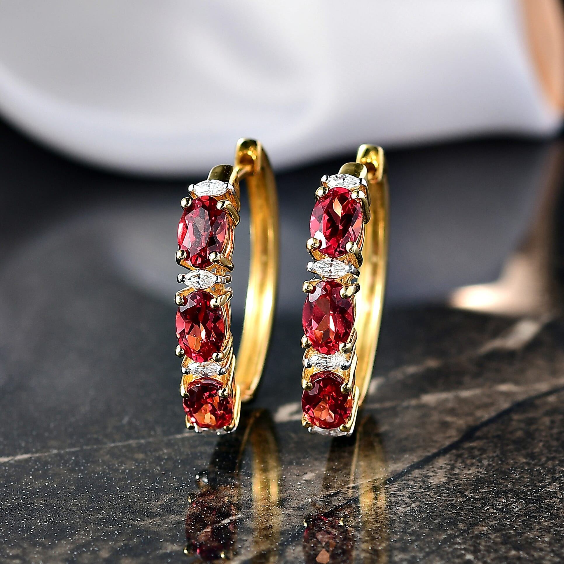 D'Joy Lab Grown Padparadscha Sapphire & Moissanite Full Hoop Earring in 18K Yellow Gold Plating Sterling Silver 3.95 Ct.