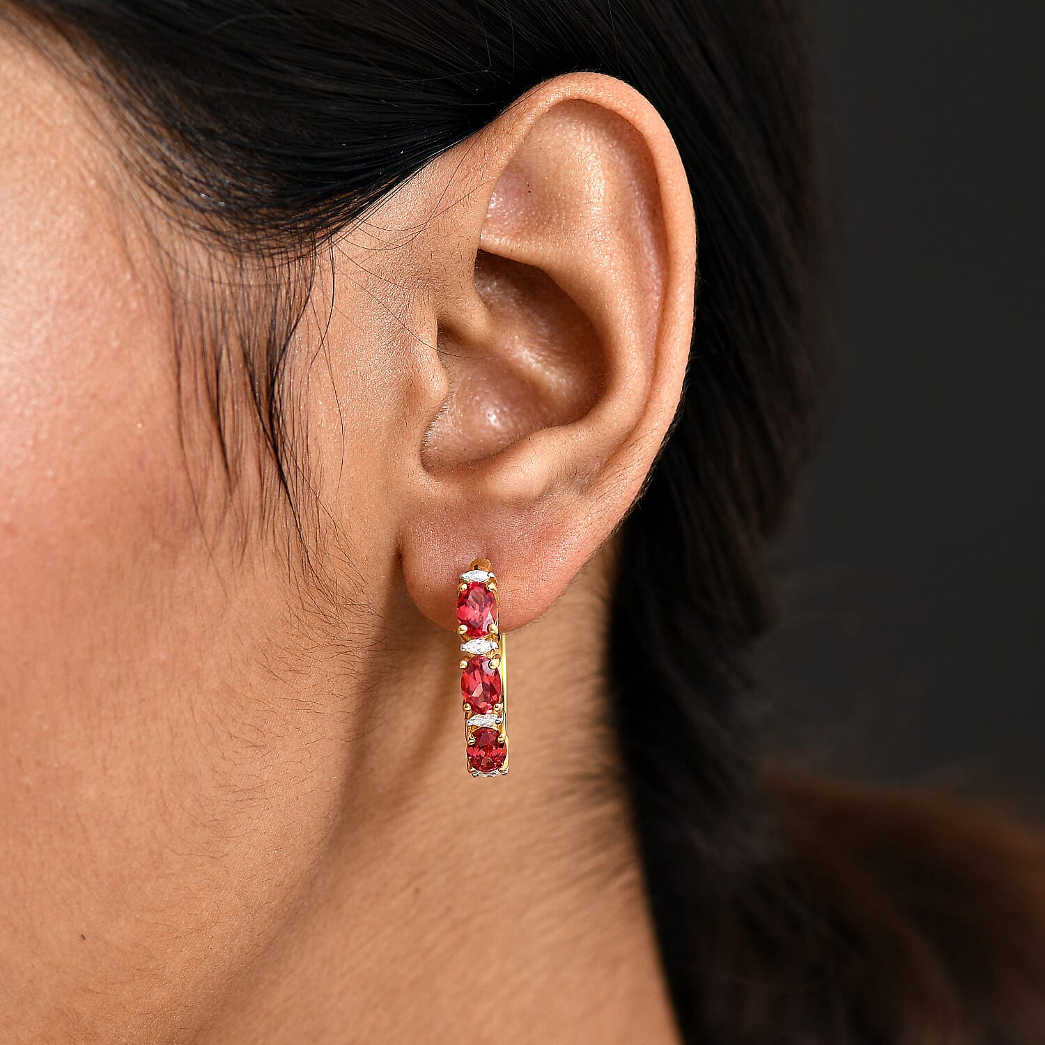 D'Joy Lab Grown Padparadscha Sapphire & Moissanite Full Hoop Earring in 18K Yellow Gold Plating Sterling Silver 3.95 Ct.