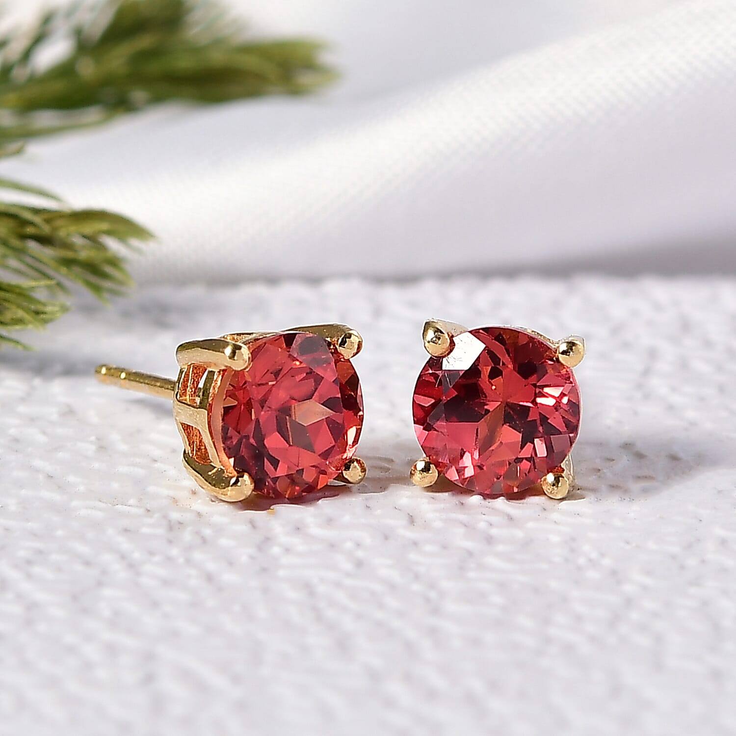 D'Joy Lab Grown Padparadscha Sapphire Solitaire Stud Push Post Earring in 18K Yellow Gold Plated Sterling Silver 3.72 Ct.