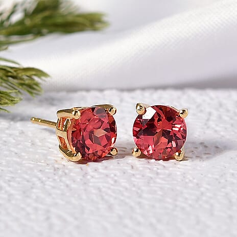 D'Joy Lab Grown Padparadscha Sapphire Solitaire Stud Push Post Earring in 18K Yellow Gold Plated Sterling Silver 3.72 Ct.