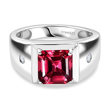 D'Joy Lab Grown Padparadscha Sapphire, Lab Grown Diamond Men's Ring in Rhodium Overlay Sterling Silver 3.34 Ct. D'Joy Lab Grown Padparadscha Sapphire, Lab Grown Diamond Men's Ring in Rhodium Overlay Sterling Silver 3.34 Ct.
