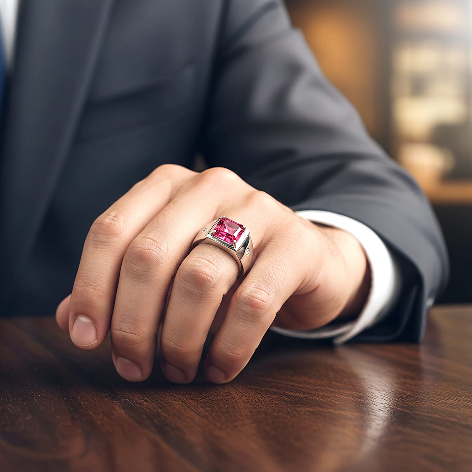 D'Joy Lab Grown Padparadscha Sapphire & Lab Grown Diamond Mens Ring in Rhodium Overlay Sterling Silver 3.34 Ct, Silver Wt. 5.52 Gms.