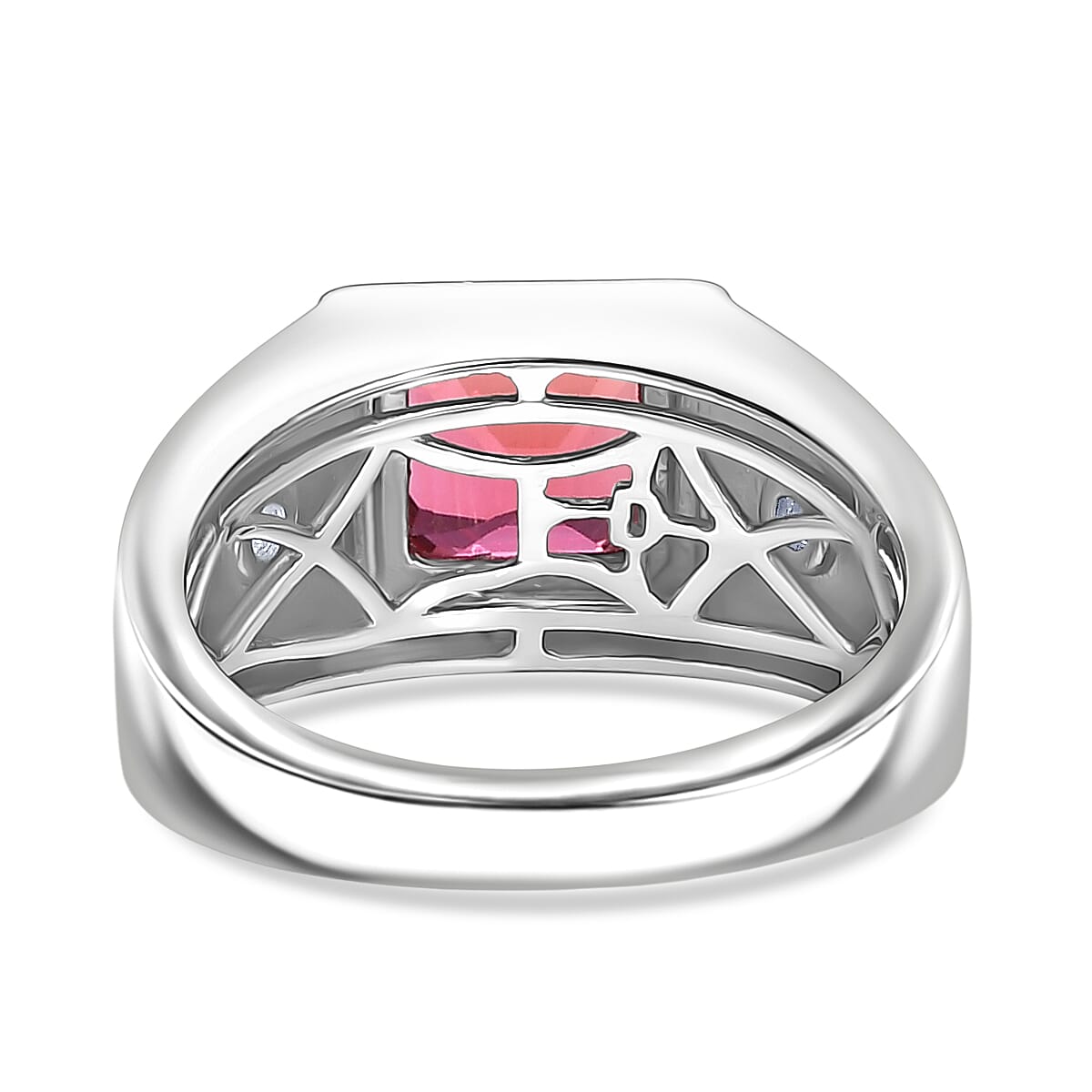 D'Joy Lab Grown Padparadscha Sapphire & Lab Grown Diamond Mens Ring in Rhodium Overlay Sterling Silver 3.34 Ct, Silver Wt. 5.52 Gms.