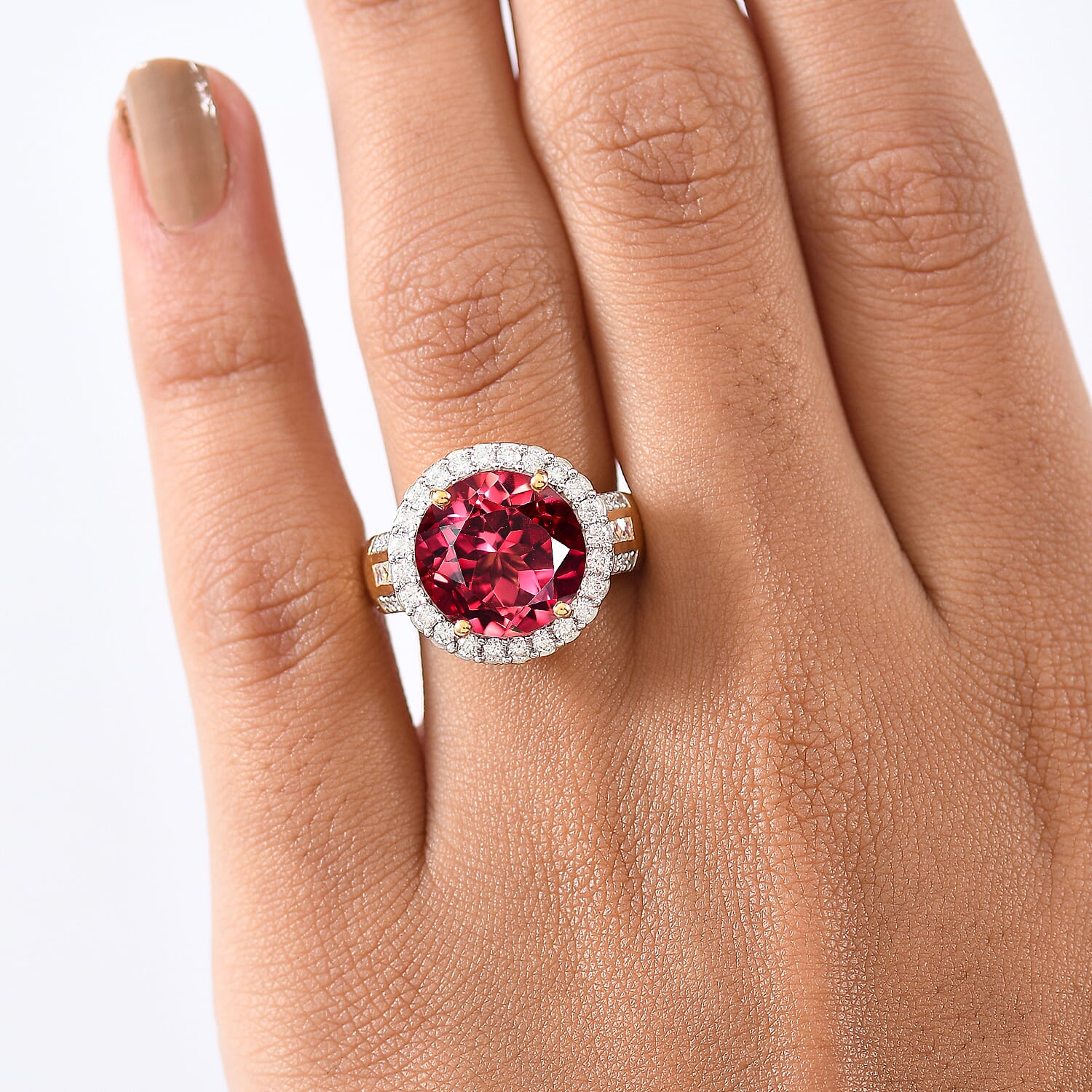 D'Joy Lab Grown Padparadscha Sapphire & Moissanite Ring in 18K Vermeil Yellow Gold Overlay Sterling Silver 10.12 Ct.