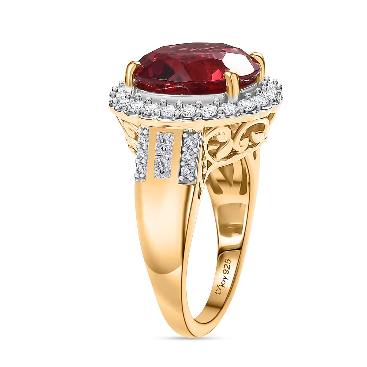 D'Joy Lab Grown Padparadscha Sapphire & Moissanite Ring in 18K Vermeil Yellow Gold Overlay Sterling Silver 10.12 Ct.