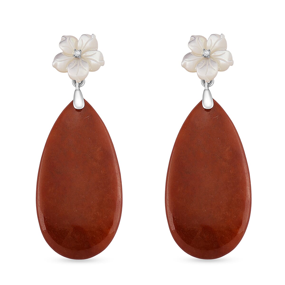 D'Joy Enhanced Red Jade, Moissanite & White Mother Of Pearl Earring with Push Back in Rhodium Overlay Sterling Silver 77.39 Ct.