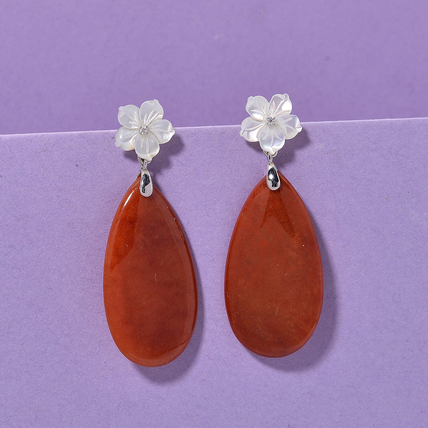 D'Joy Enhanced Red Jade, Moissanite & White Mother Of Pearl Earring with Push Back in Rhodium Overlay Sterling Silver 77.39 Ct.