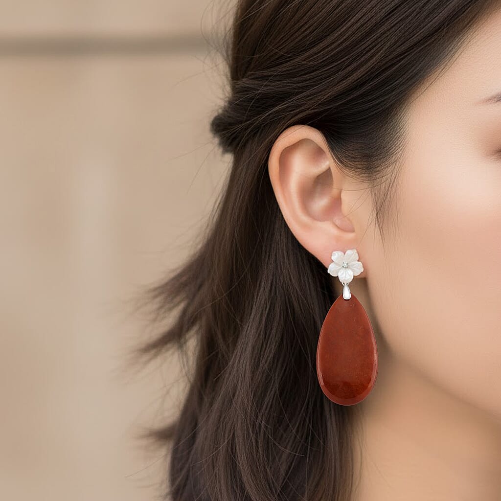 D'Joy Enhanced Red Jade, Moissanite & White Mother Of Pearl Earring with Push Back in Rhodium Overlay Sterling Silver 77.39 Ct.