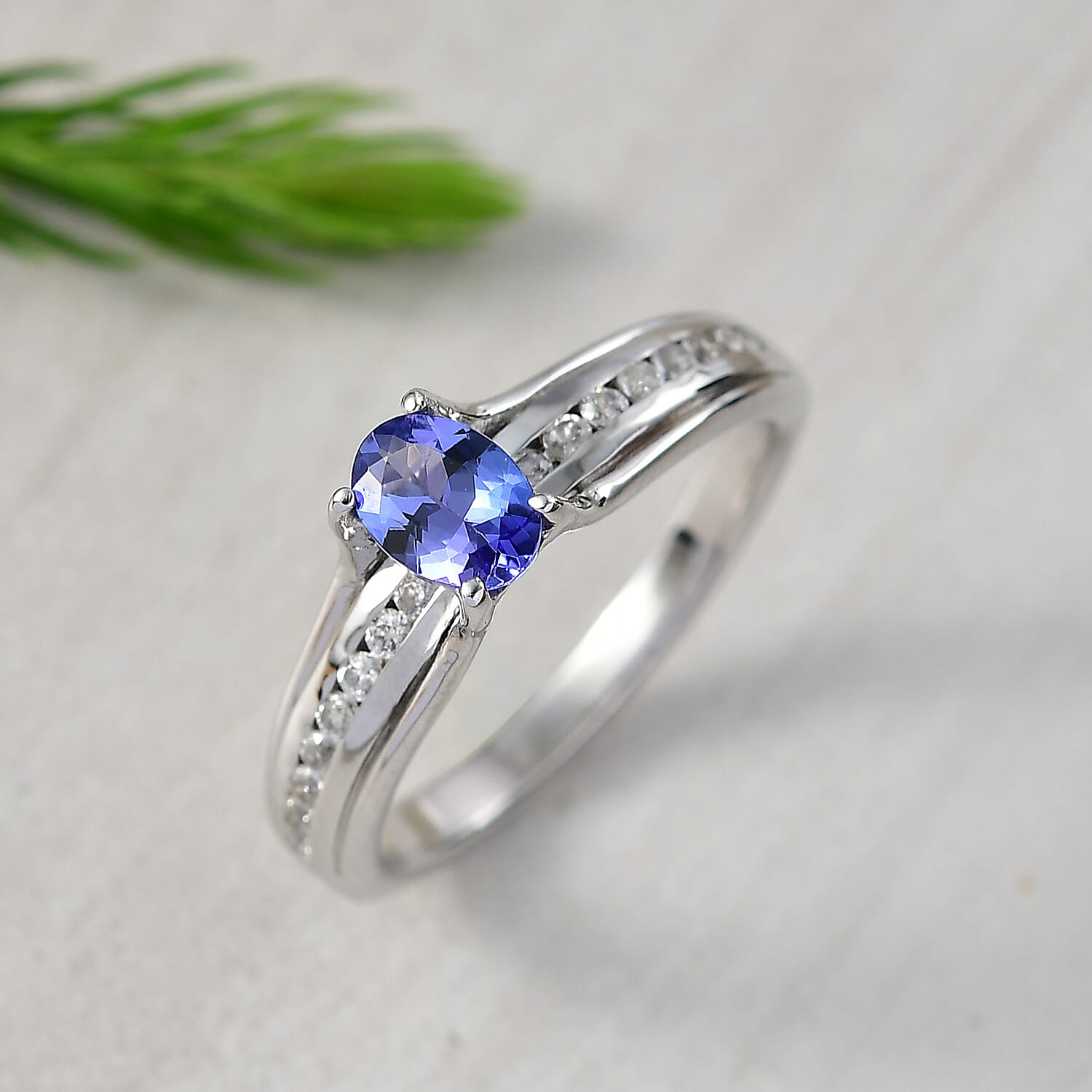 D'Joy Premium Tanzanite & White Zircon Ring in Platinum Overlay Sterling Silver 1.01 Ct.