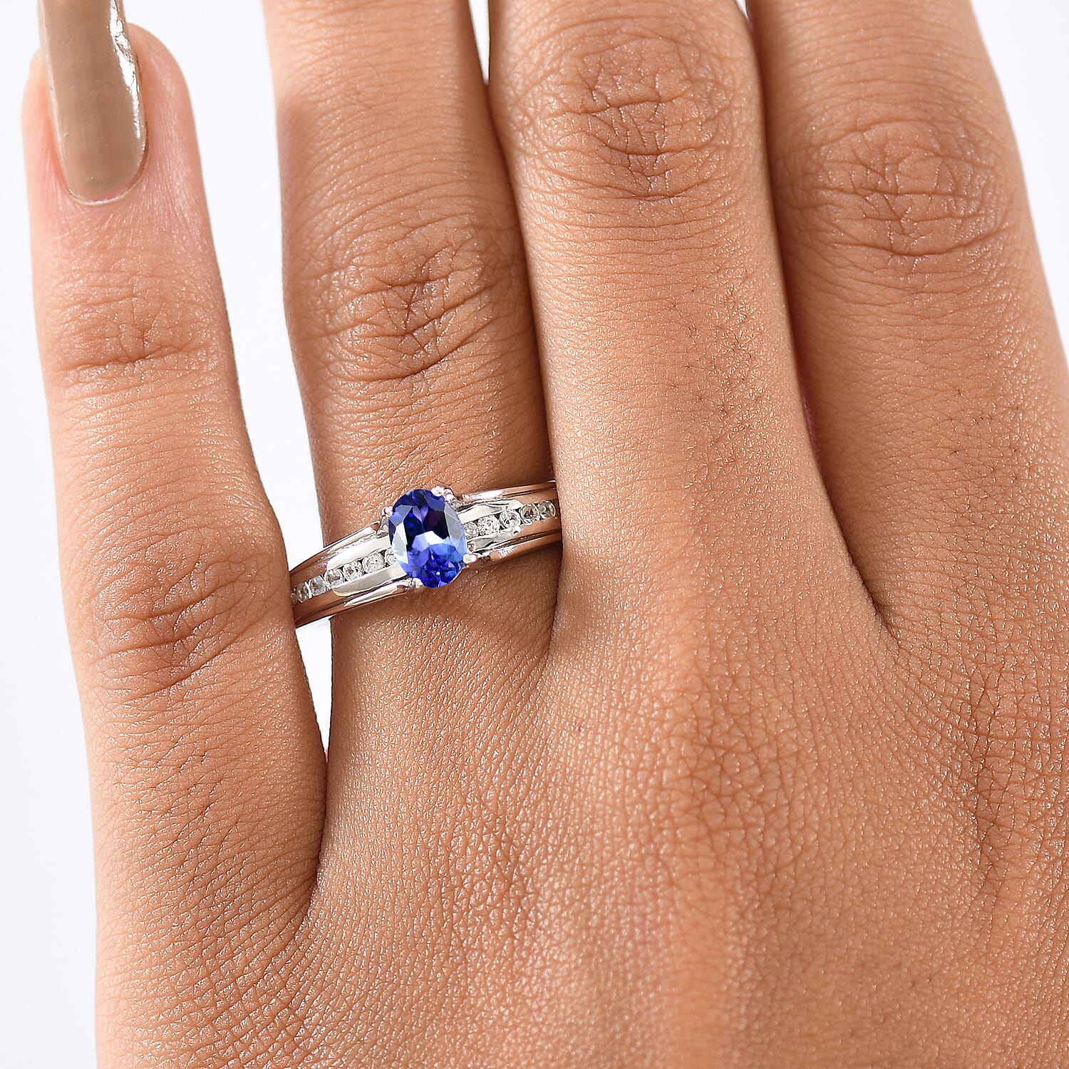 D'Joy Premium Tanzanite & White Zircon Ring in Platinum Overlay Sterling Silver 1.01 Ct.