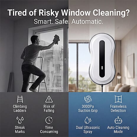 RZ2-31 Smart Robotic Window Cleaner - 3000Pa Suction Brushless Motor, Tuya App Control, Ultrasonic Dual Spray - 20-Min UPS Safety Protection - White