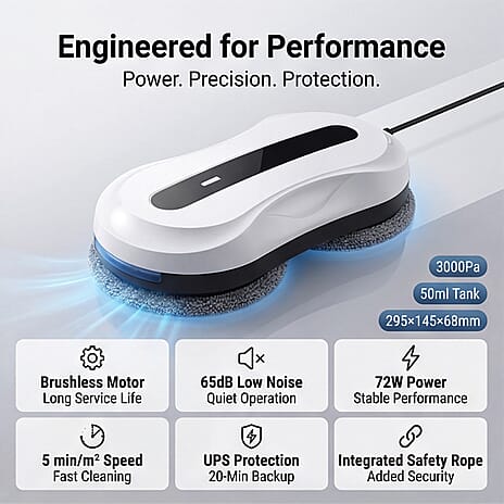 RZ2-31 Smart Robotic Window Cleaner - 3000Pa Suction Brushless Motor, Tuya App Control, Ultrasonic Dual Spray - 20-Min UPS Safety Protection - White