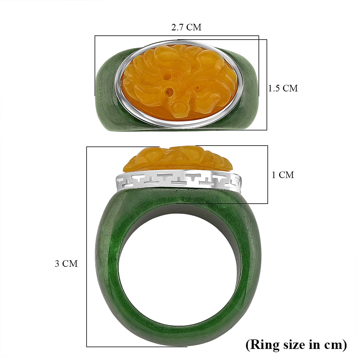 D'Joy Honey Jade & Green Jade Flower Ring in Rhodium Overlay Sterling Silver 46.07 Ct.