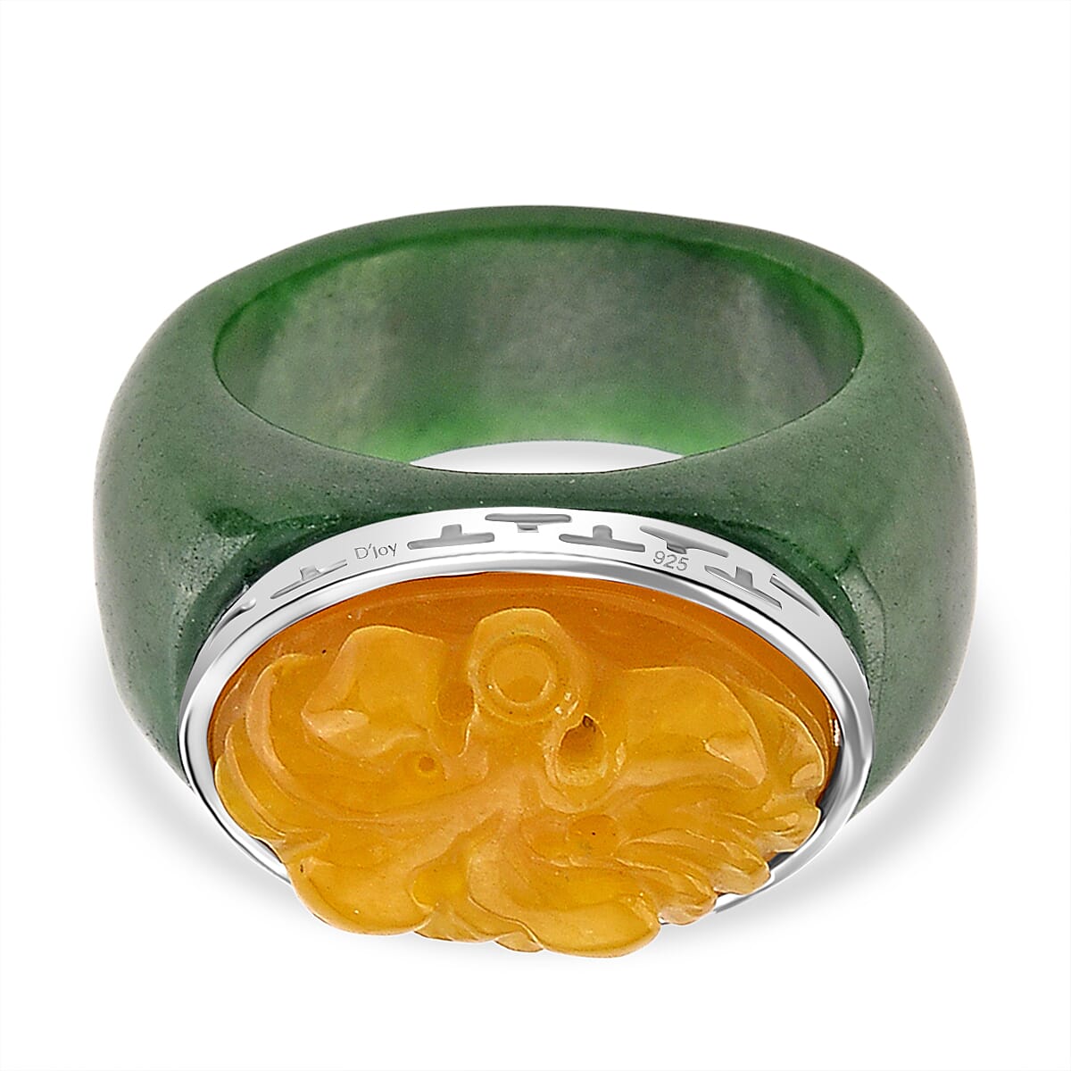 D'Joy Honey Jade & Green Jade Flower Ring in Rhodium Overlay Sterling Silver 46.07 Ct.