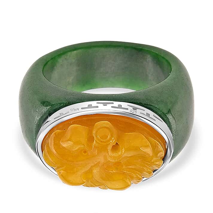 D'Joy Honey Jade & Green Jade Flower Ring in Rhodium Overlay Sterling Silver 46.07 Ct.