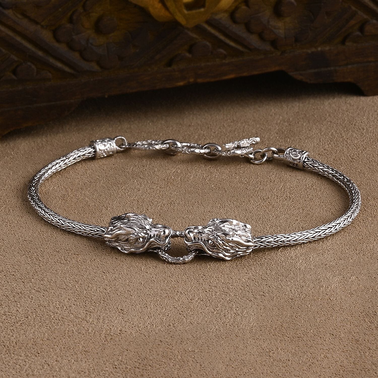 Royal Bali Collection Sterling Silver Dragon Bracelet (Size 7 - 1 Ext) with T-Bar Clasp, Silver Wt. 12.38 Gms.