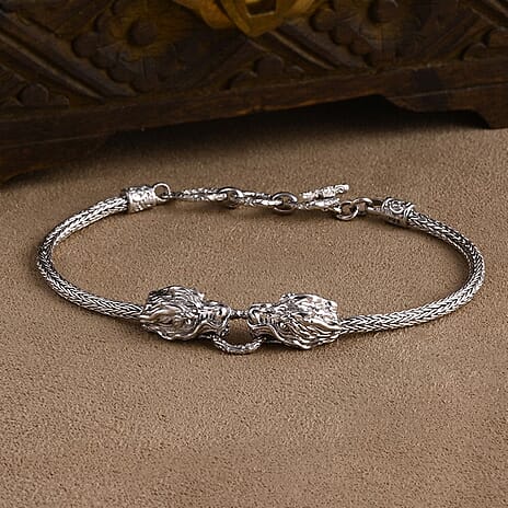 Royal Bali Collection Sterling Silver Dragon Bracelet (Size 7 - 1 Ext) with T-Bar Clasp, Silver Wt. 12.38 Gms.