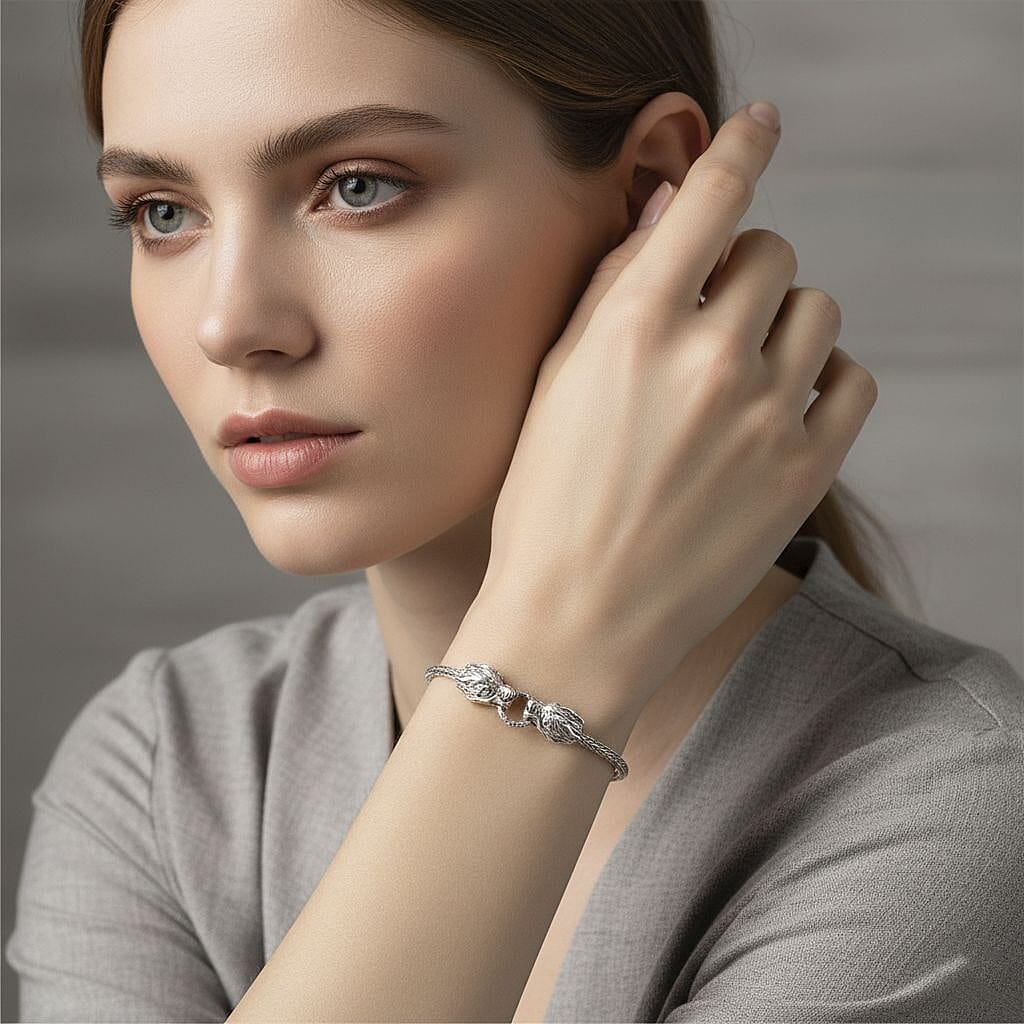 Royal Bali Collection Sterling Silver Dragon Bracelet (Size 7 - 1 Ext) with T-Bar Clasp, Silver Wt. 12.38 Gms.