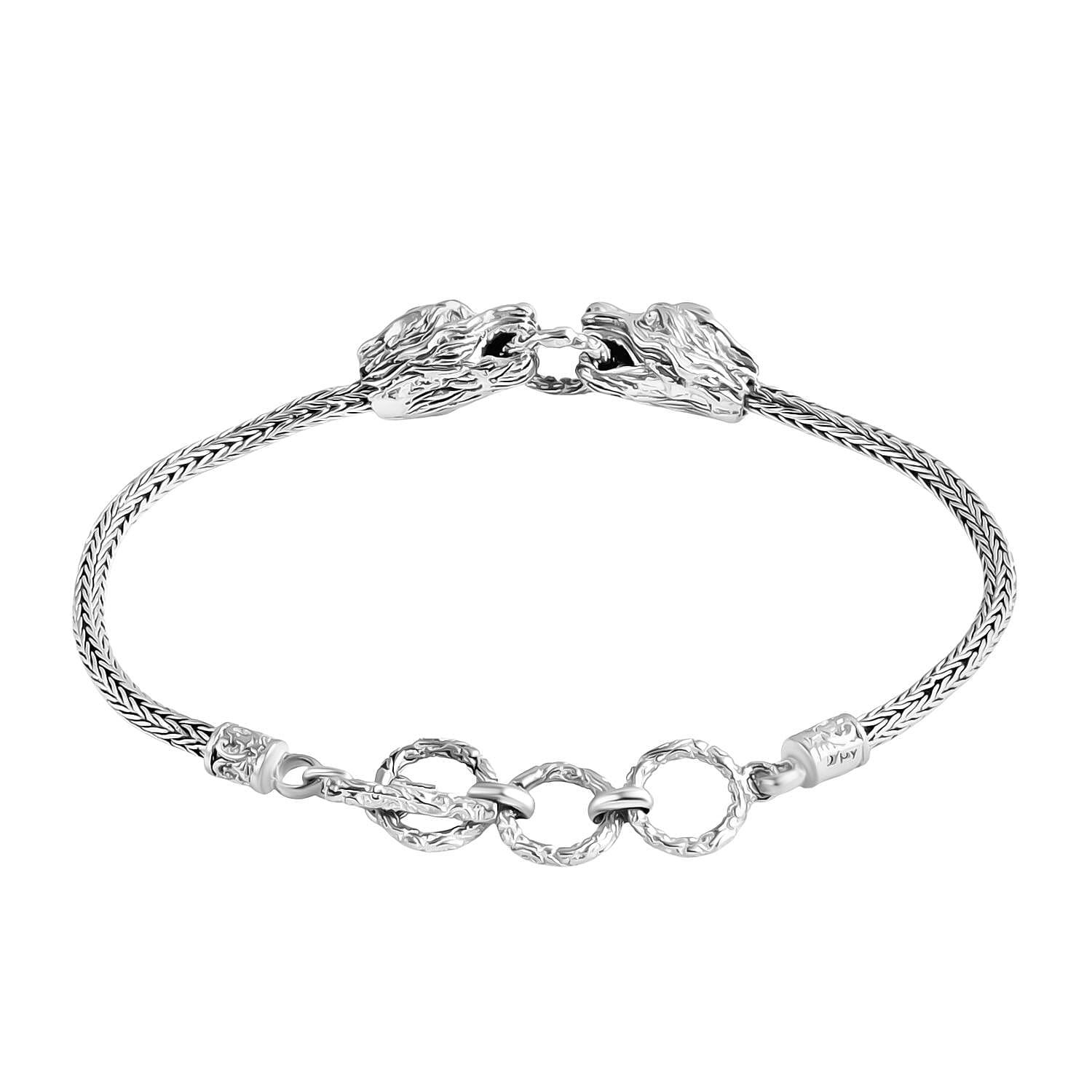Royal Bali Collection Sterling Silver Dragon Bracelet (Size 7 - 1 Ext) with T-Bar Clasp, Silver Wt. 12.38 Gms.