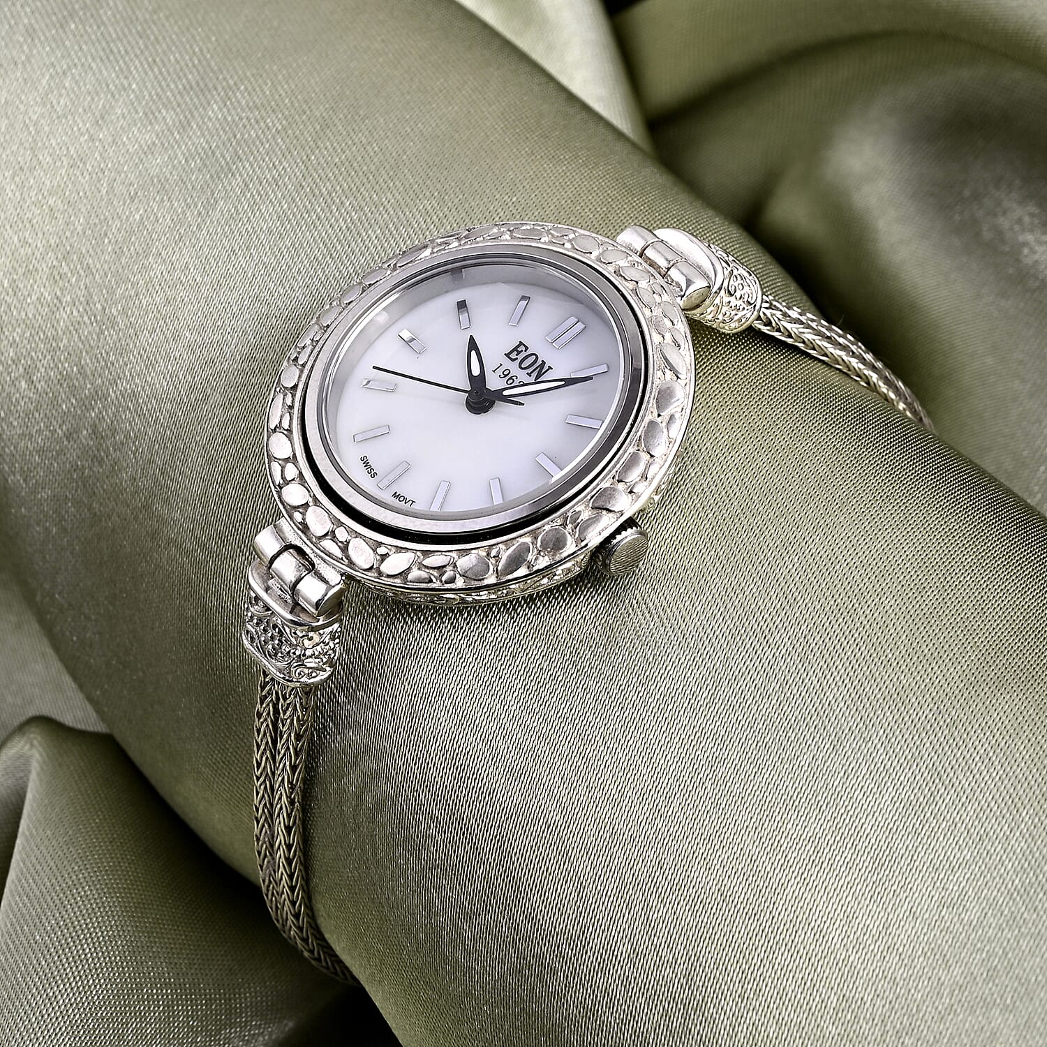 D'Joy Sterling Silver Round Dial Watch Tulangnaga Chain Bracelet (Size 6.5)