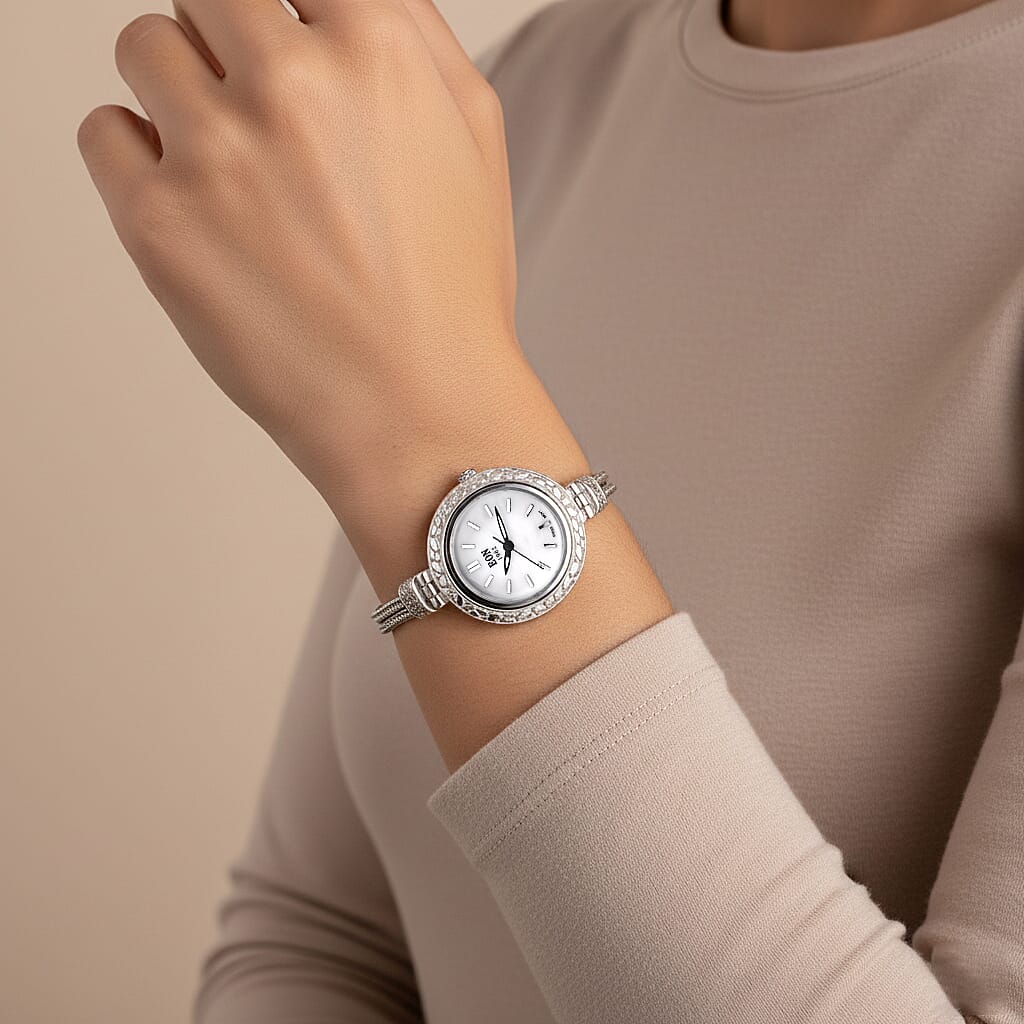 D'Joy Sterling Silver Round Dial Watch Tulangnaga Chain Bracelet (Size 7.5)